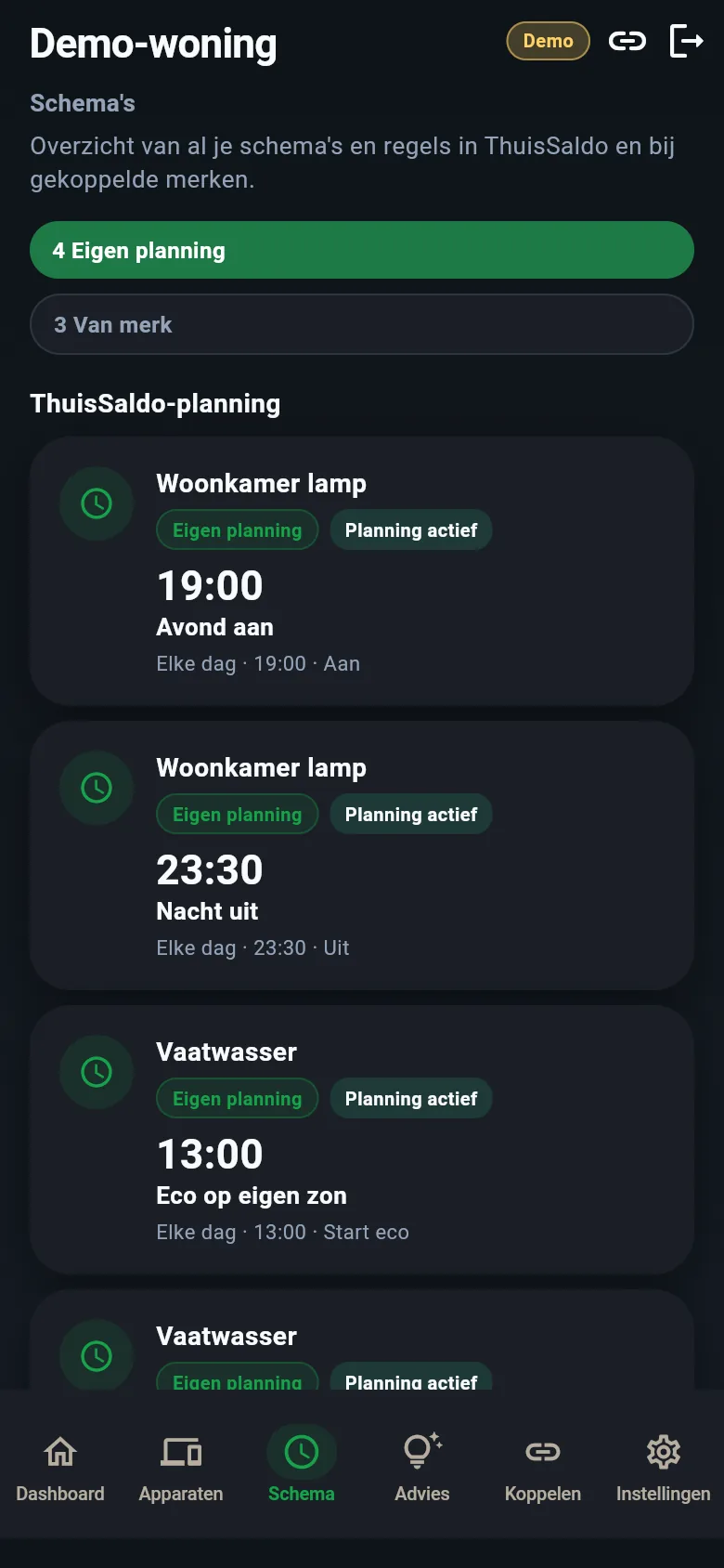Schema's en planning op goedkope uren in ThuisSaldo