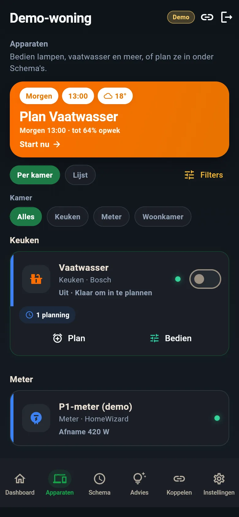 Demo-scherm met geplande apparaten