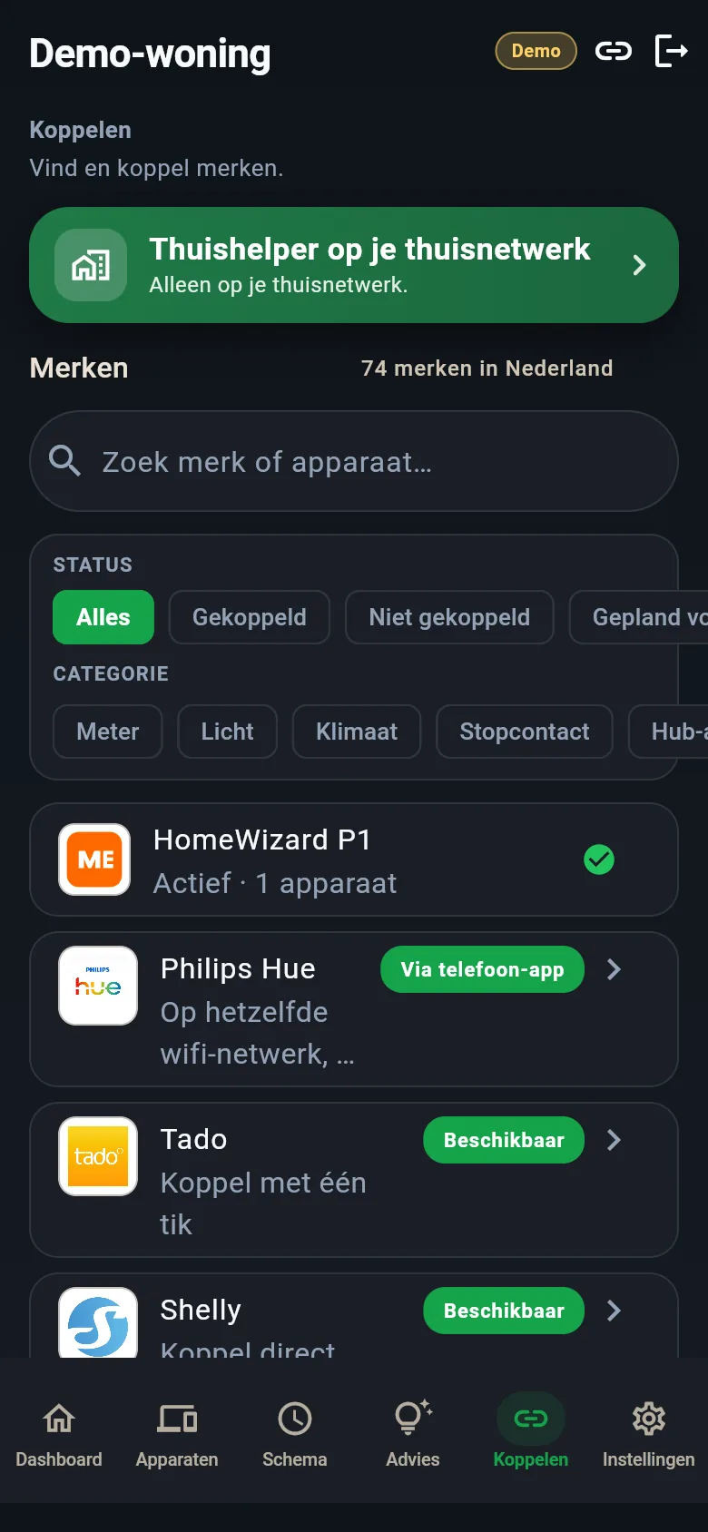 Demo-scherm van het geplande koppelingenoverzicht