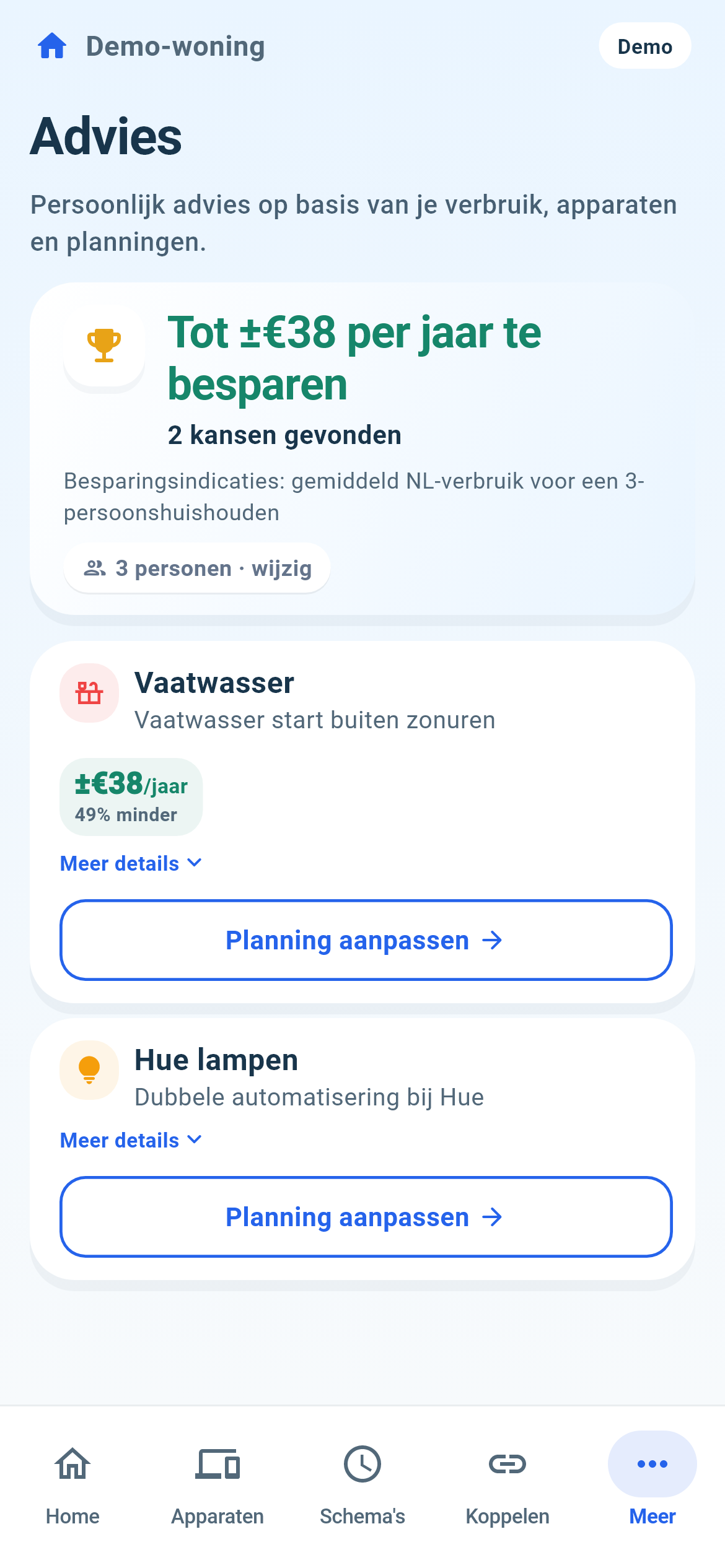 Adviesscherm uit de ontwikkelversie; voorbeeldkansen en bedragen zijn demogegevens en geen besparingsbelofte